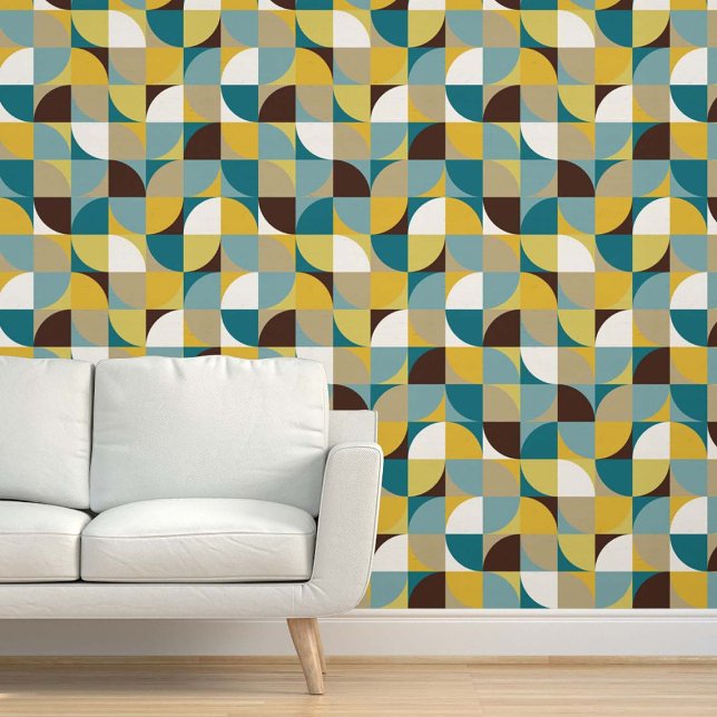 Papel Pintado Retro Mod Squares Teal Blue Brown Mustard Yellow (Subido por el creador)
