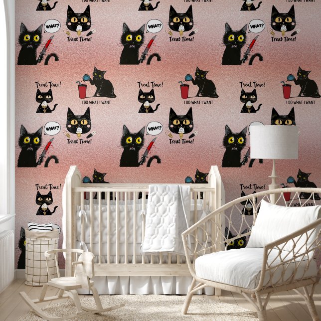Papel Pintado Retro Moderno Funny Whimsical Black Cat - Pinche (Niños)