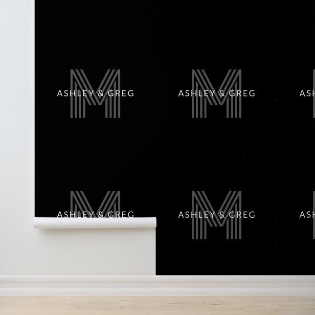 Papel Pintado Retro Nombre/s moderno Monograma editable negro y  (Solicitud)