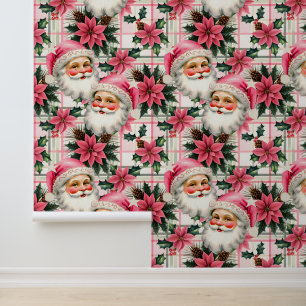 Papel Pintado Retro Rosa Santa Claus Navidades Floral Plaid