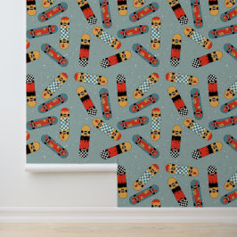 Papel Pintado Retro Skateboard Blue Guay Pattern Kids