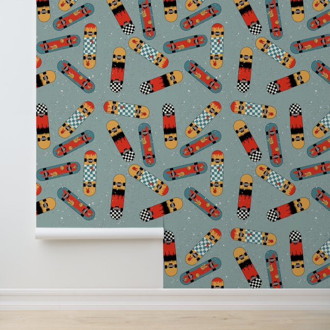 Papel Pintado Retro Skateboard Blue Guay Pattern Kids (Solicitud)