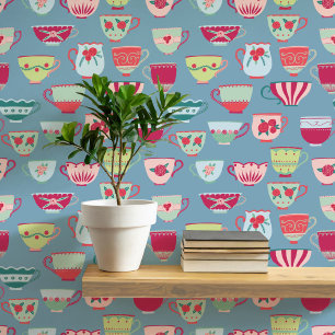 Papel Pintado Retro Teacups Verde azuladas