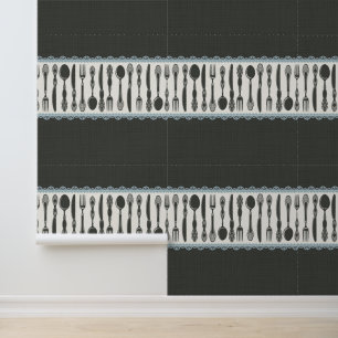 Papel Pintado Retro Vintage Acuarela Vajilla Cuchillería Cocina