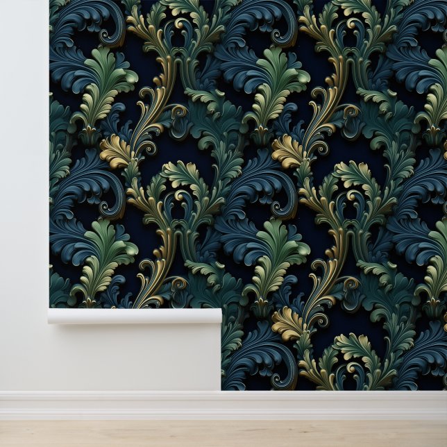 Papel Pintado Ricos patrones de estilo victoriano con azul y ver (Solicitud)