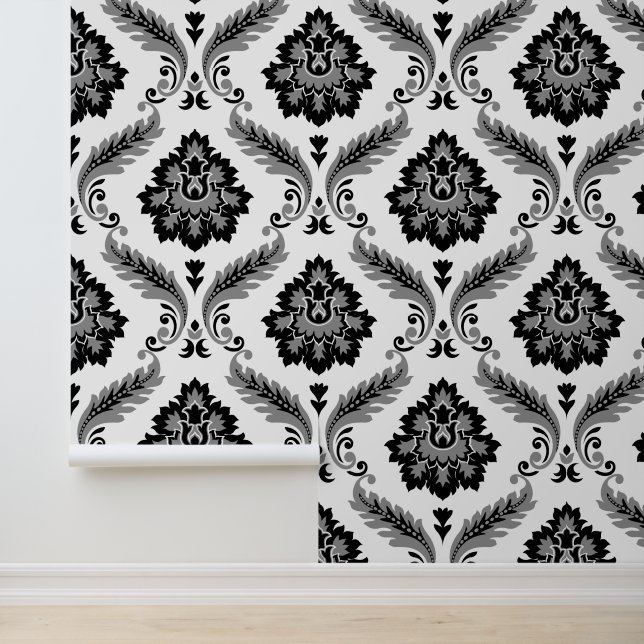 Papel Pintado Rococo Damask Patrón Grande Gris Negro Blanco (Solicitud)