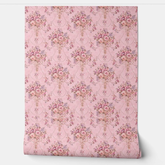 Papel Pintado Rococo floral de estilo victoriano rosa antiguo fr (Desenrollar)