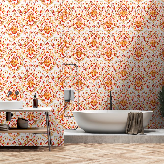 Papel Pintado Rojo Naranja Blanco Damasco Floral y palo (Baño)