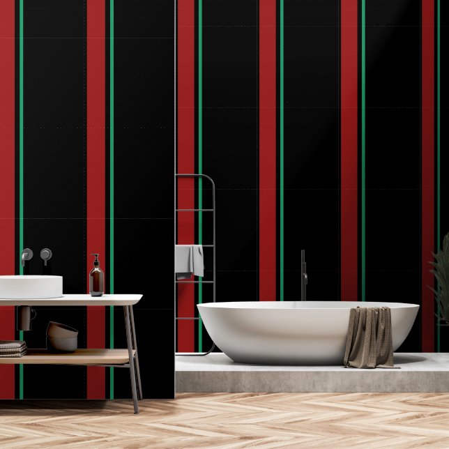 Papel Pintado Rojo + Verde Banda vertical Negro (Baño)