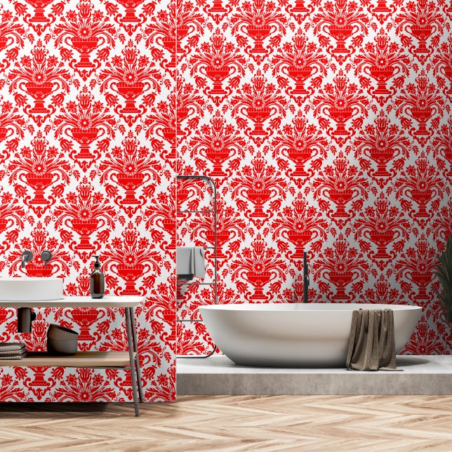 Papel Pintado Rojo y blanco Damasco Aletas y palo florales (Baño)