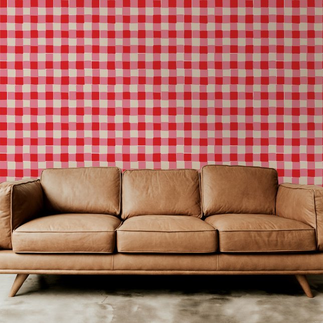 Papel Pintado Rojo y rosa de plástico (Playful pink and red checkered plaid hand-drawn wallpaper.)