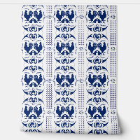 Rooster rústico y patrón de granero blanco azul