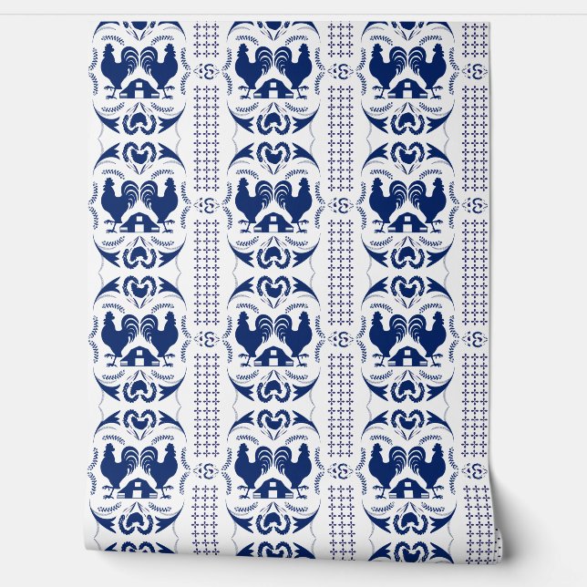 Papel Pintado Rooster rústico y patrón de granero blanco azul (Desenrollar)