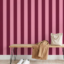 Papel Pintado Rosa Burdeos con Patrón de Raya Grande y Rojo Cere