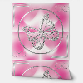 Papel Pintado Rosa con mariposa plateada y Rótulo infinito |
