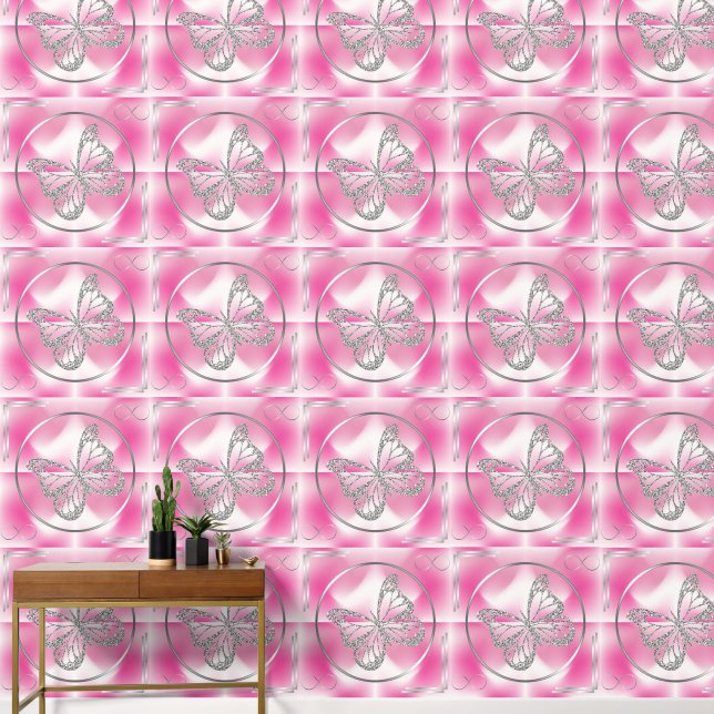 Papel Pintado Rosa con mariposa plateada y Rótulo infinito | (Pasillo)