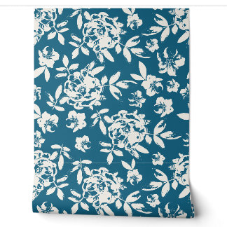 Papel Pintado Rosa de Cabaña Floral - Azul Zafiro y Blanco