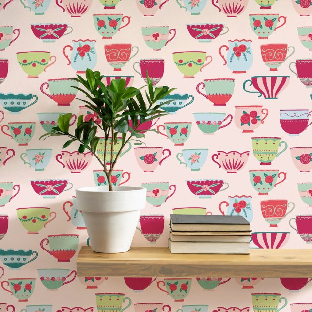 Papel Pintado Rosa de las teacras retro (Retro teacup pattern art wallpaper)