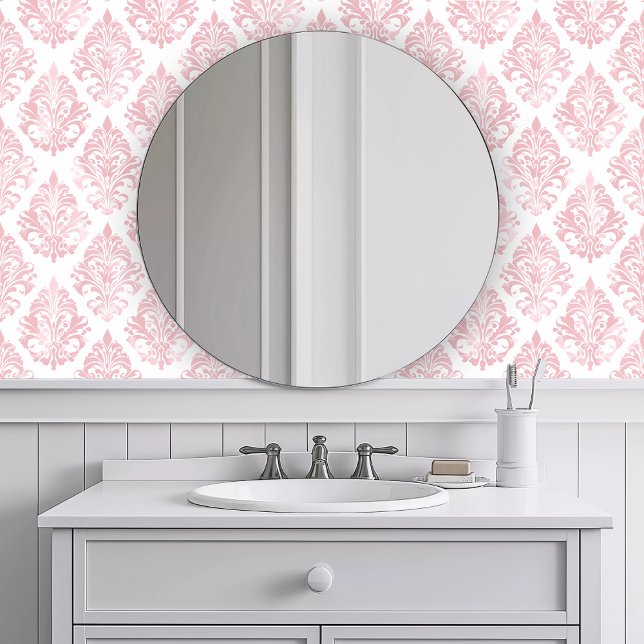 Papel Pintado Rosa monocromático elegante (Monochromatic Elegant Pink Wallpaper in a white bathroom.)