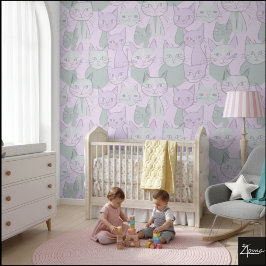 Papel Pintado Rosa Pastel Verde Patrón de Gato MCM