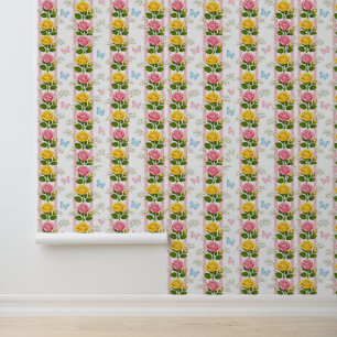 Papel pintado rosa raya rosas amarillas y rosadas
