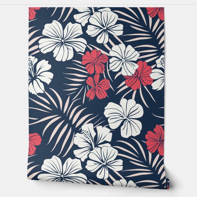 Papel Pintado Rosa Tropical y Floral Naval (Desenrollar)