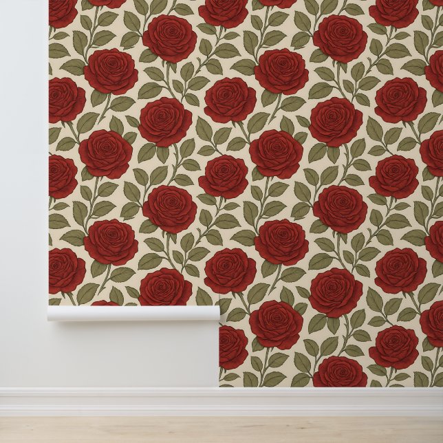 Papel Pintado Rosa Victoriano Jardín Rojo Floral (Solicitud)