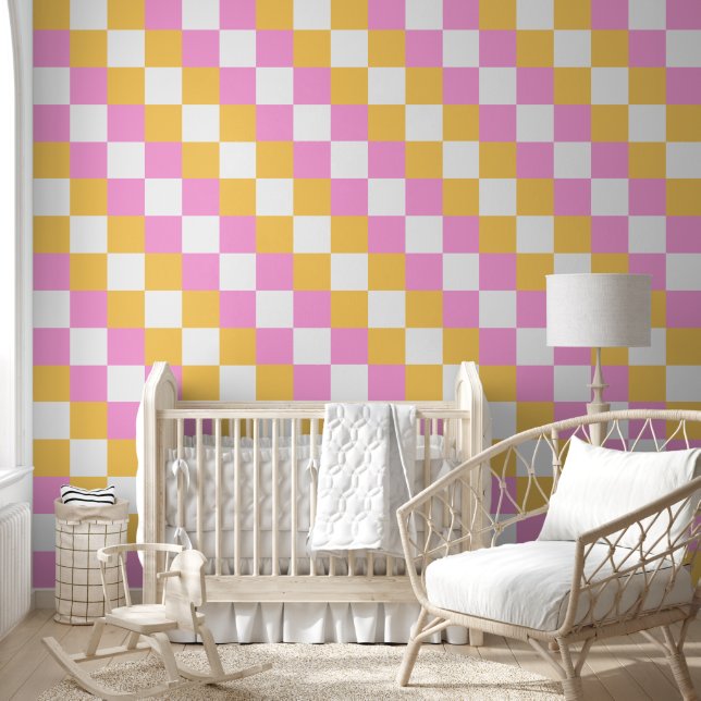 Papel Pintado Rosa y Oro 4 en tablero de cheques (Niños)