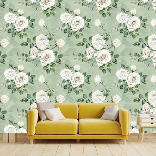 Papel Pintado Rosas acuarelas en verde saga