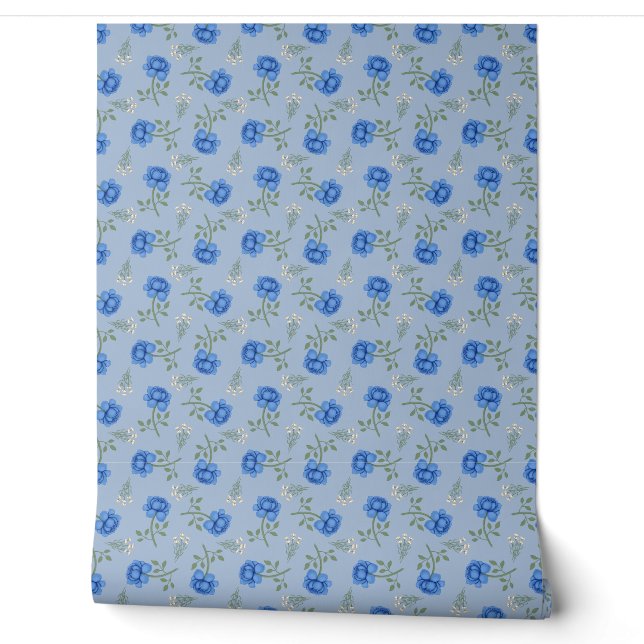Papel Pintado Rosas azules en Calico azul claro (Desenrollar)