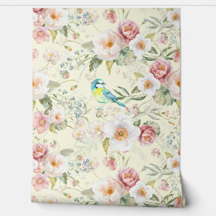 Papel Pintado Rosas Blancas Peonies Azules Aves Florales en Crem