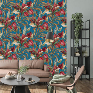 Papel Pintado Rosas Botánicos Vintage Y Hojas De Palma Azul