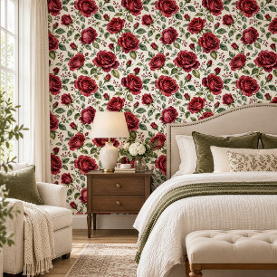 Papel Pintado Rosas de acuarela burgundy elegantes Cottage vinta