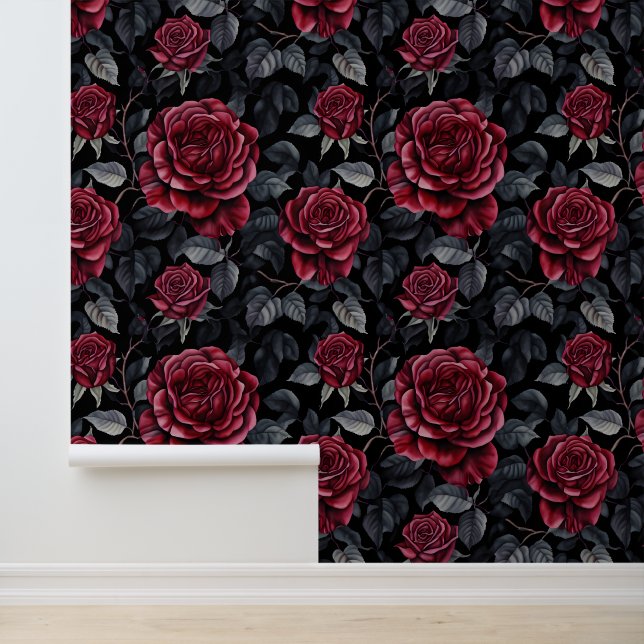 Papel Pintado Rosas de Borgoña con patrón de fondo negro (Solicitud)