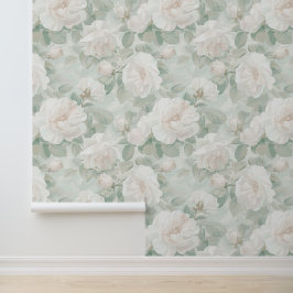 Papel Pintado Rosas de crema de época y pétalos de color verde p