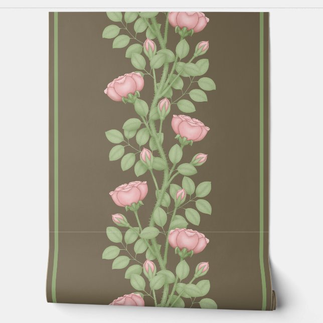 Papel Pintado Rosas de escalada rosada en marrón (Desenrollar)