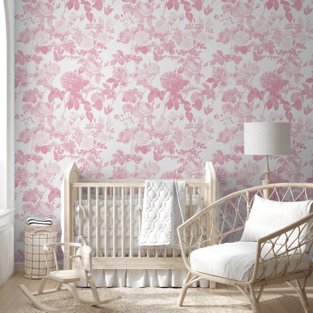 Papel Pintado Rosas Florales Blancas Rosa Chinoiserie Chica Nurs (Niños)