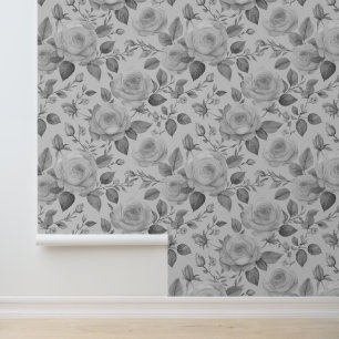 Papel Pintado Rosas florales de color gris victoriano