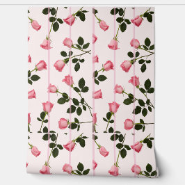 Papel Pintado Rosas flotantes con franjas rosadas