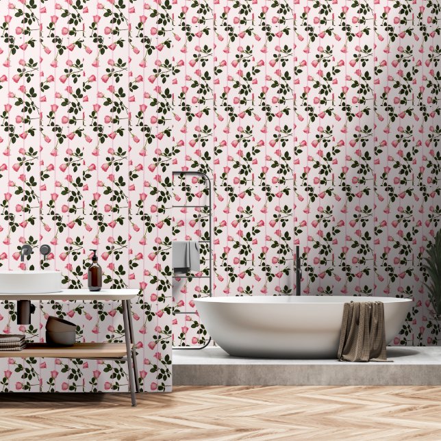 Papel Pintado Rosas flotantes con franjas rosadas (Baño)