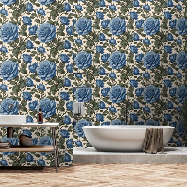 Papel Pintado Rosas Inglesas Azules, (Baño)
