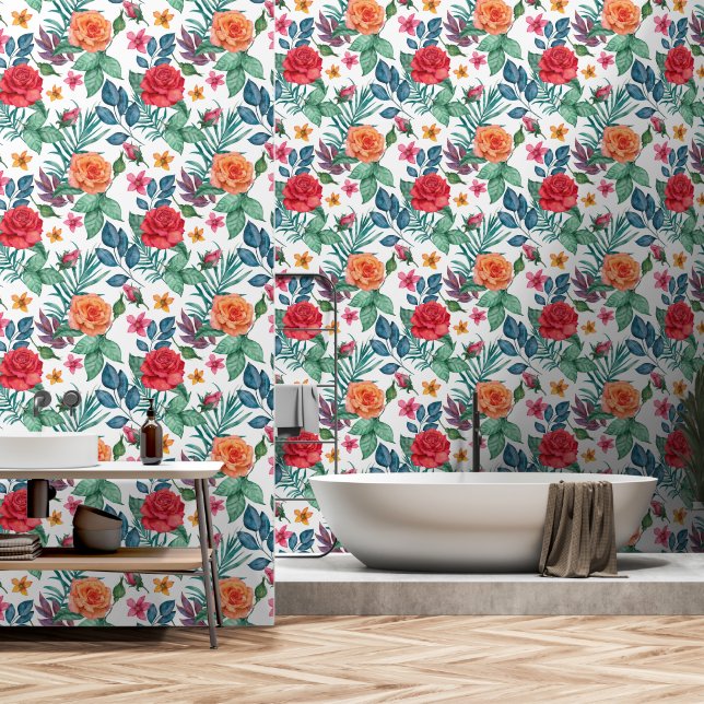 Papel Pintado Rosas Naranja rojo hojas verdes y azules (Baño)