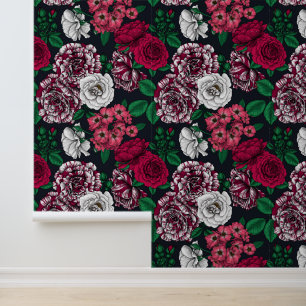 Papel Pintado Rosas rojas, blancas y de dos colores con hojas ve