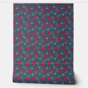 Papel Pintado Rosas rojas en el Dusky Blue Calico