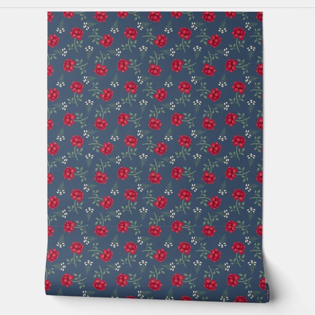 Papel Pintado Rosas rojas en el Dusky Blue Calico (Desenrollar)