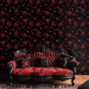 Papel Pintado Rosas rojas góticas en fondo negro