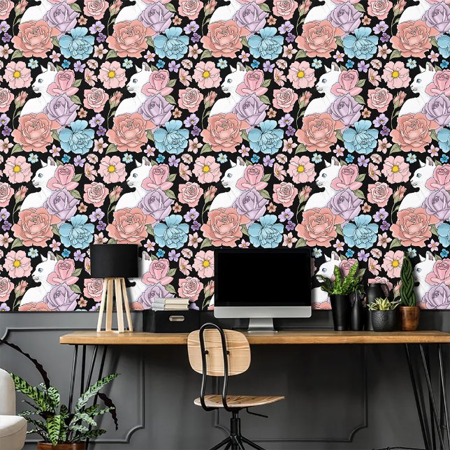 Papel Pintado Rosas rosadas de lavanda de piel de gato blanco (Subido por el creador)