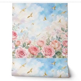 Papel Pintado Rosas rosadas sonrojadas y pájaros dorados Floral 
