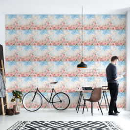 Papel Pintado Rosas rosadas sonrojadas y pájaros dorados Floral 