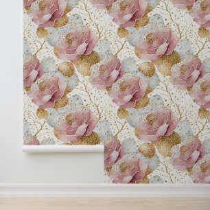 Papel Pintado Rosas rosadas y oro